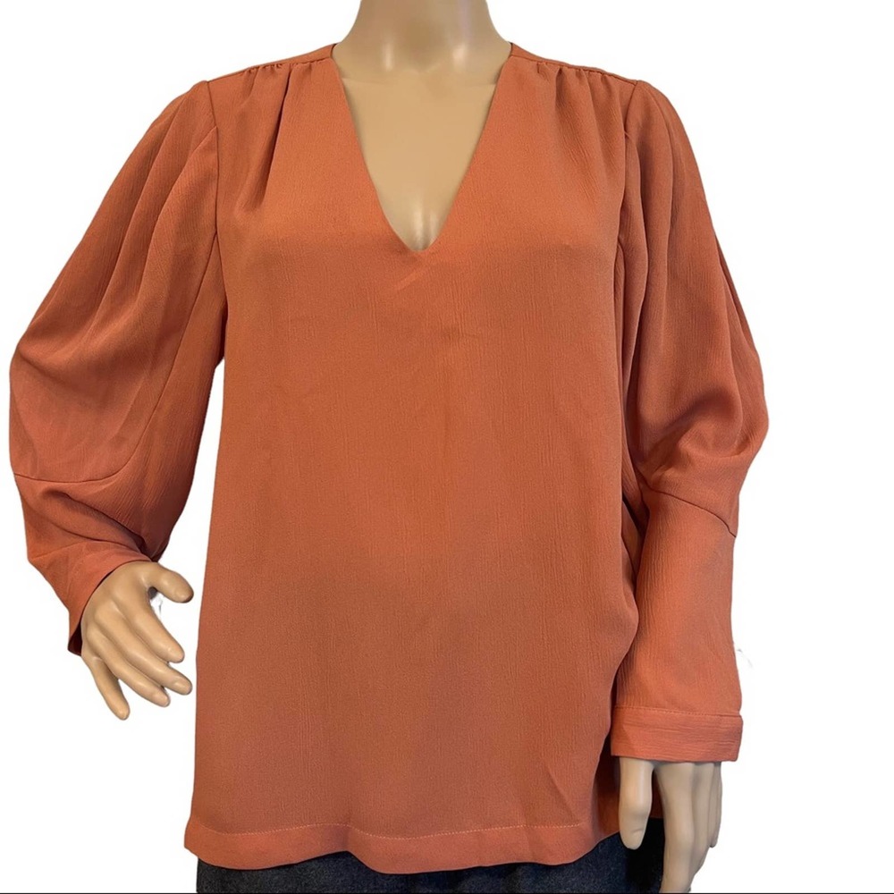 Anthropologie See U Soon Long Puffy Sleeve V-neck Orange Pull Over Blouse Size S
